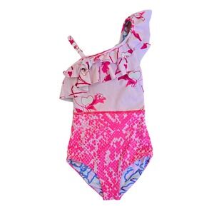 Maaji‎ Girls One Piece Ruffle Swimsuit Snakeskin Floral Pink Blue Size 4